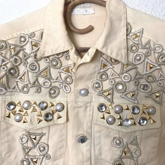 Vintage Cache’ Denim Jacket Buttercup Yellow Embroidery, Pearls, Studs LG/XL - Picture 1 of 8